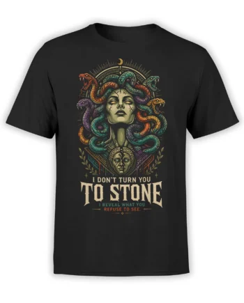 Medusa face with colorful snakes and stone-themed text printed on a black graphic T-shirt