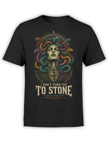 Medusa face with colorful snakes and stone-themed text printed on a black graphic T-shirt