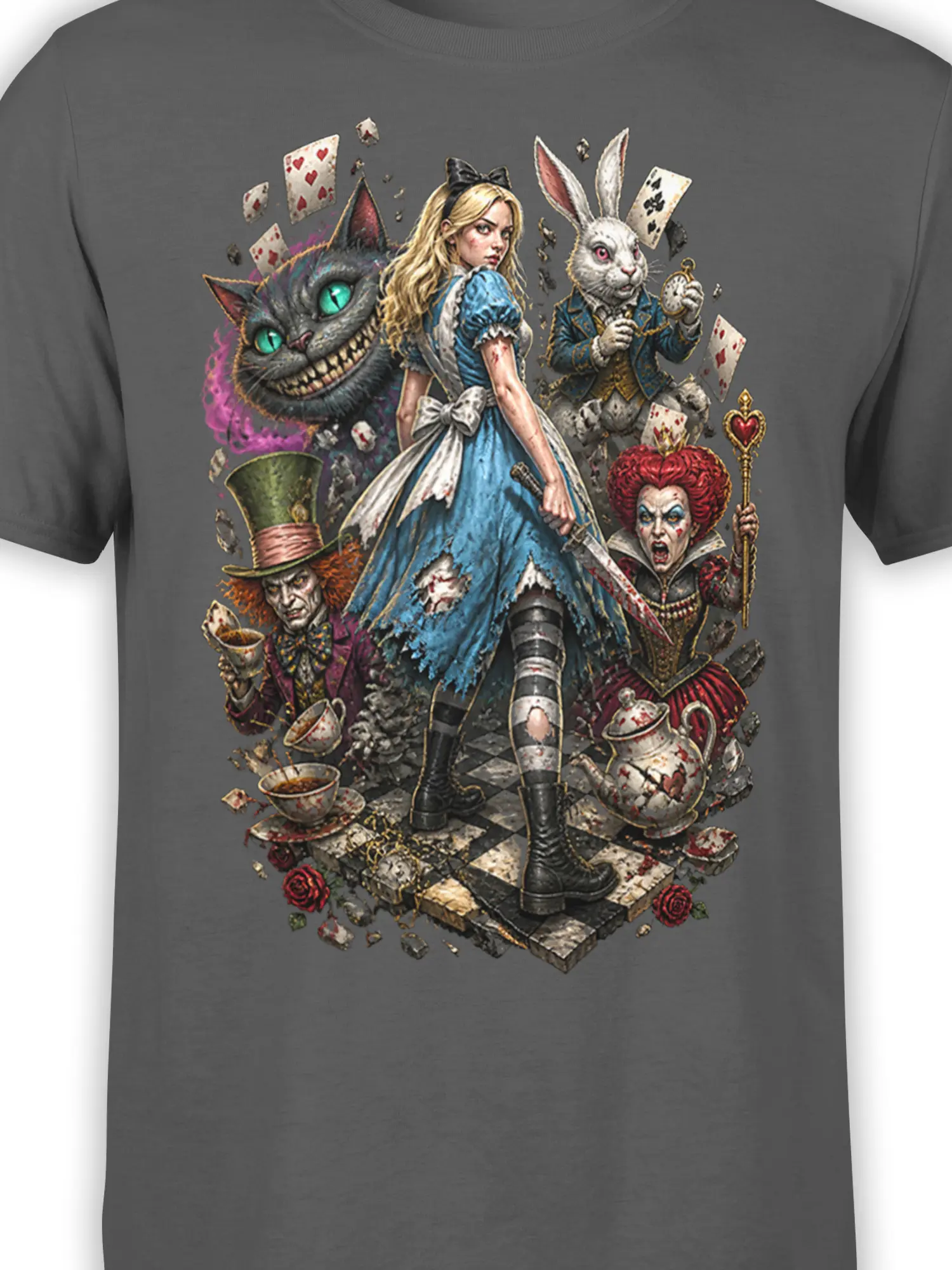 Close-up of gray fantasy shirt artwork showing a grinning cat, white rabbit, fierce queen, cards, and colorful storybook details