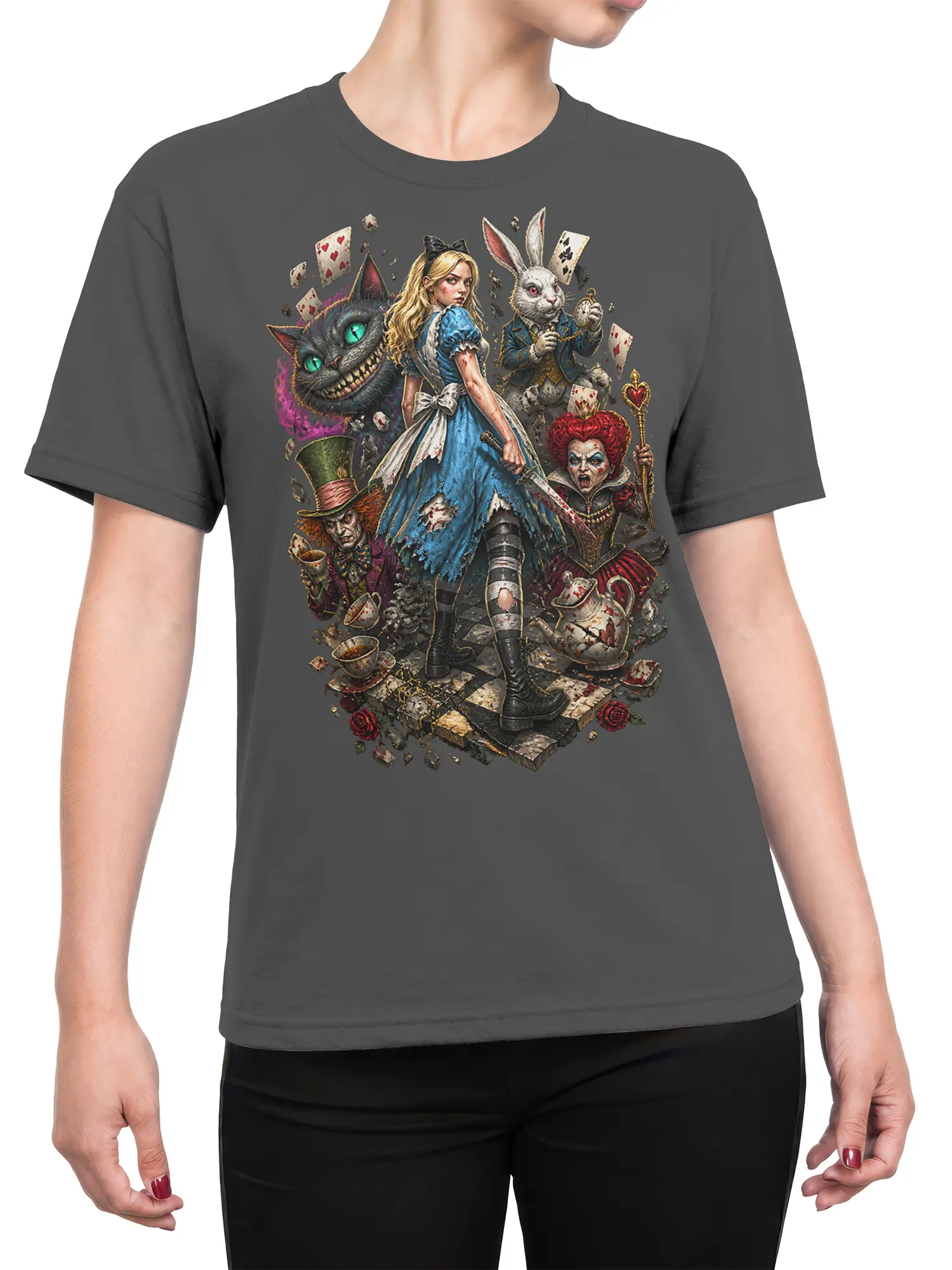 Female torso wearing a gray fantasy T-shirt with a heroine, grinning cat, white rabbit, queen, playing cards, and tea party artwork