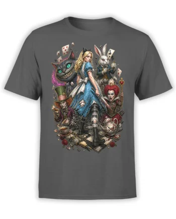 Gray fantasy T-shirt with a blonde heroine, grinning cat, white rabbit, queen, playing cards, and tea party details