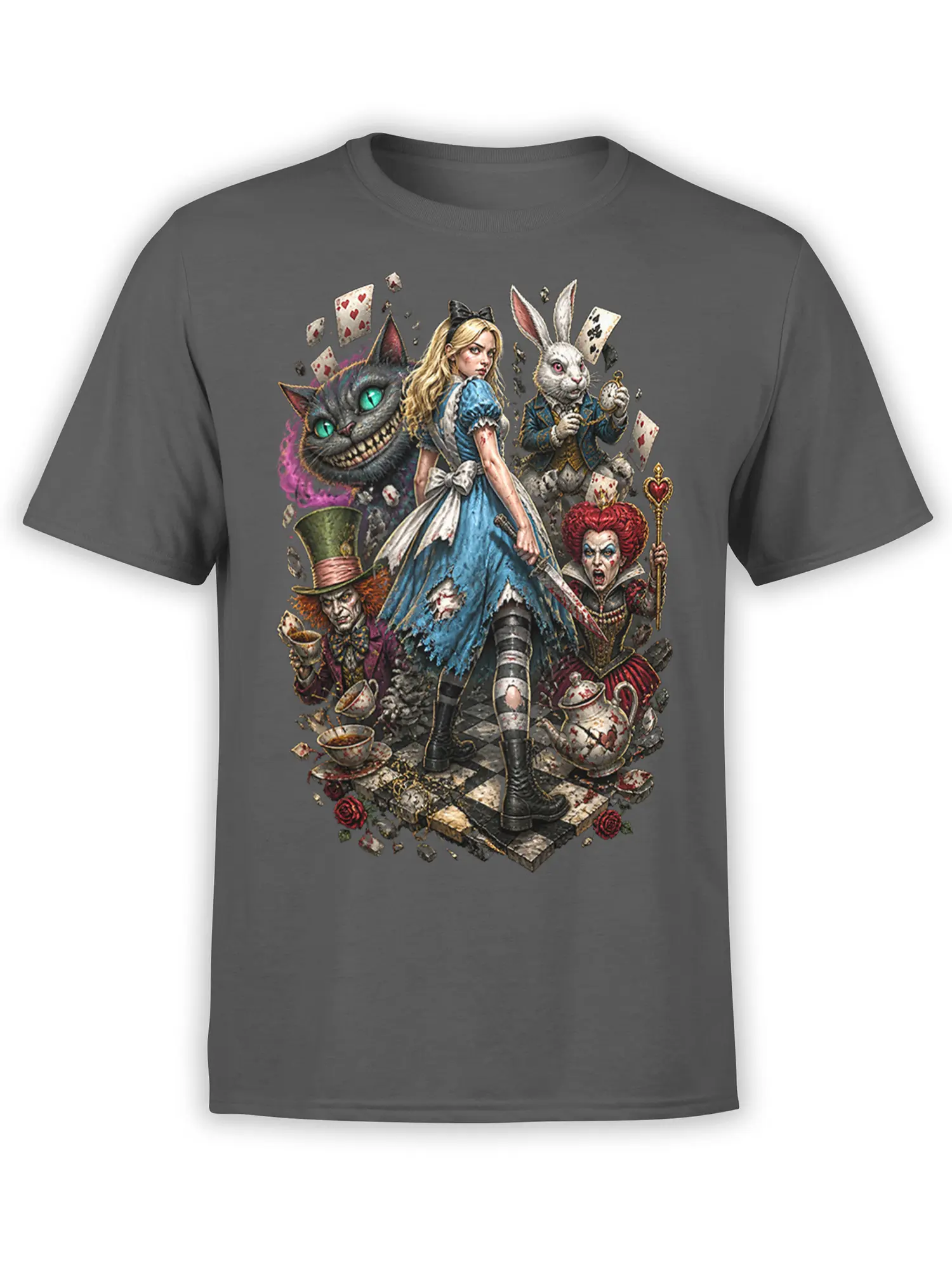 Gray fantasy T-shirt with a blonde heroine, grinning cat, white rabbit, queen, playing cards, and tea party details