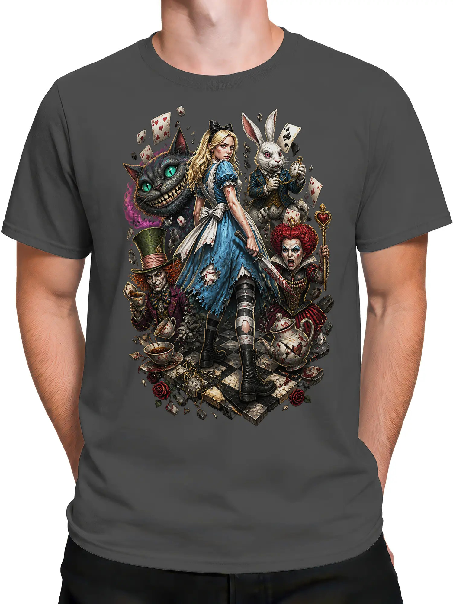 Male torso wearing a gray fantasy T-shirt with a surreal tea party scene, grinning cat, white rabbit, queen, and cards