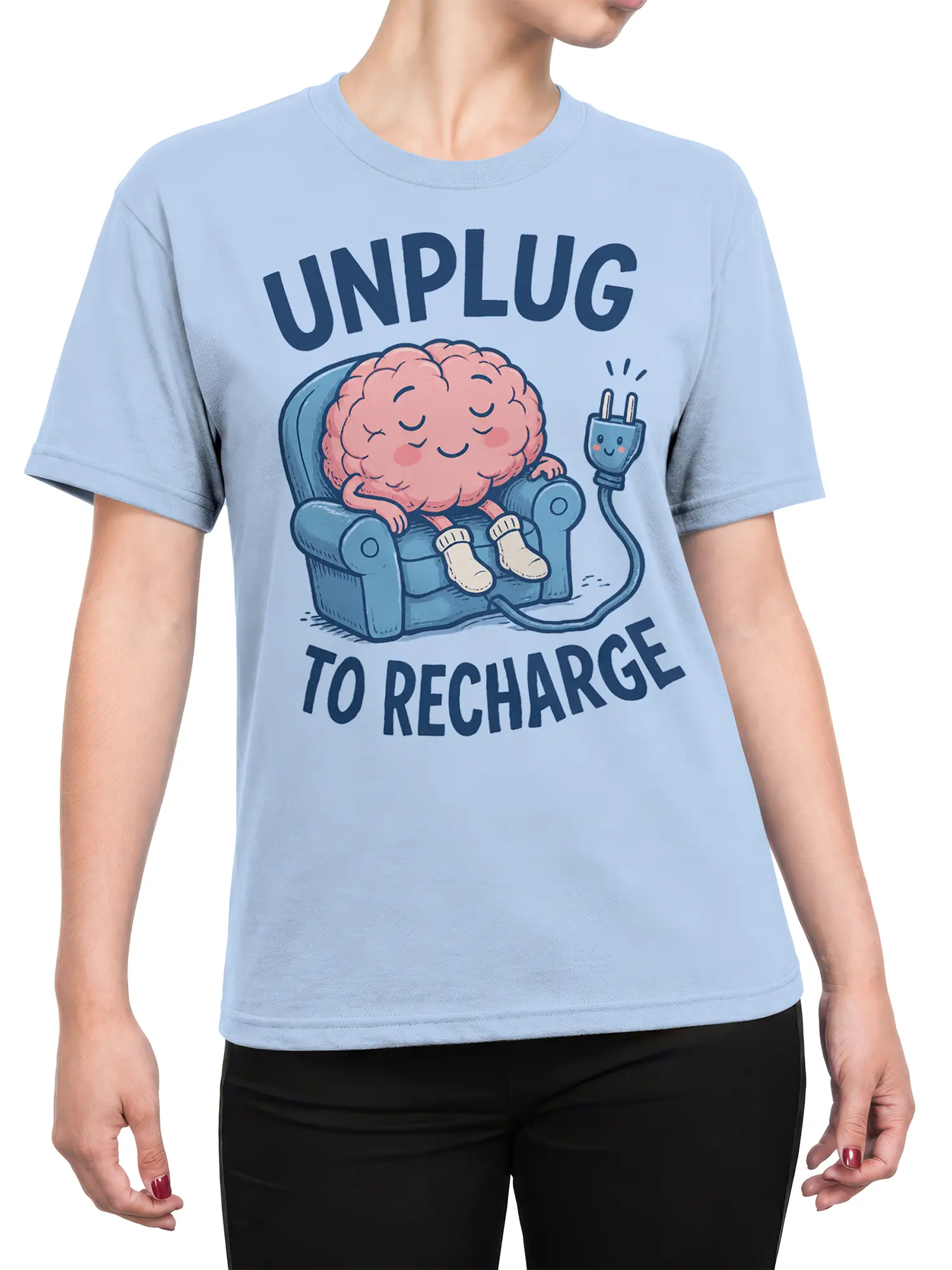 Female torso wearing a light blue brain recharge T-shirt with a pink brain and bold unplug lettering