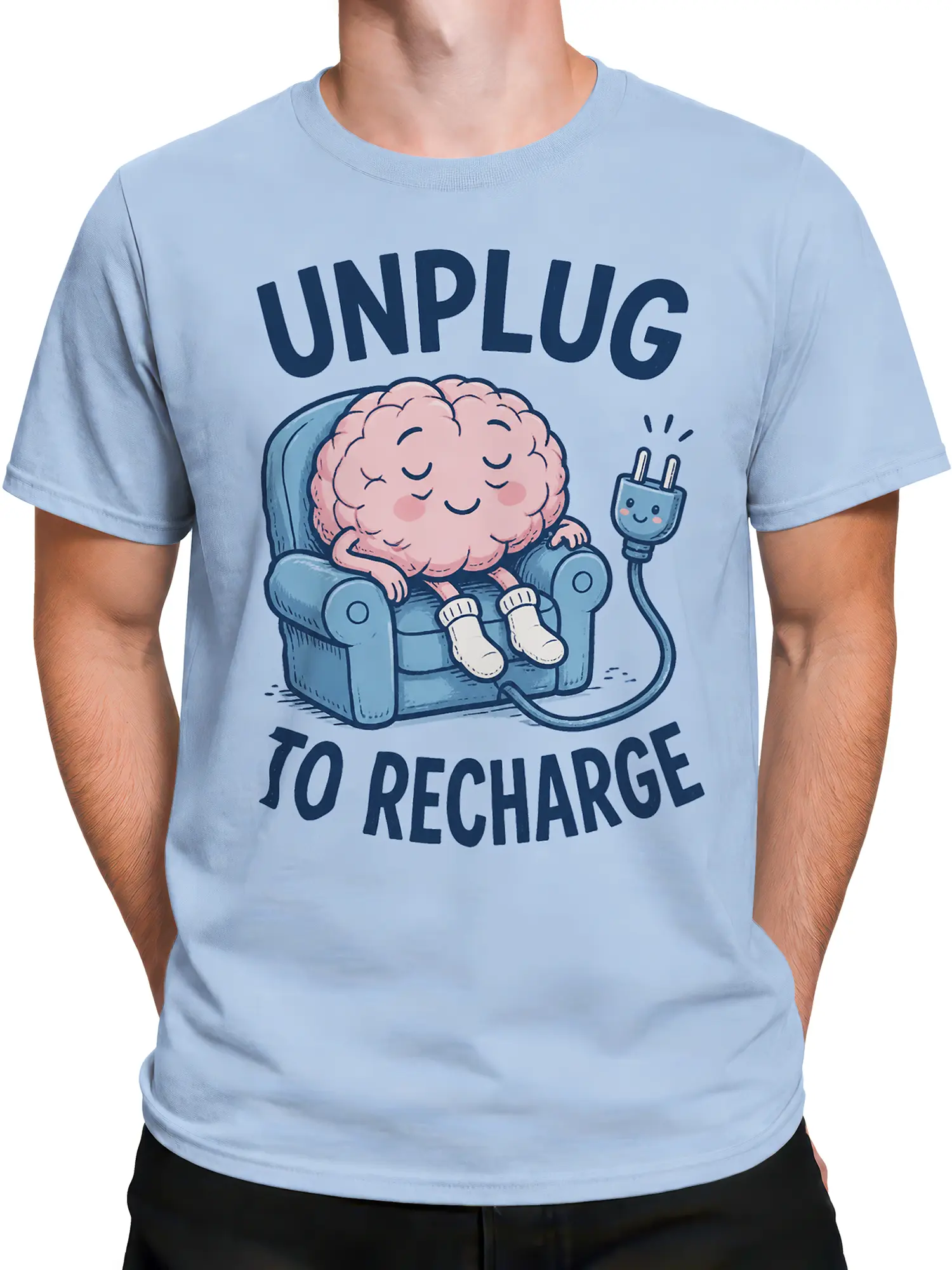 Male torso wearing a light blue T-shirt with a sleepy brain, plug, armchair, and recharge message