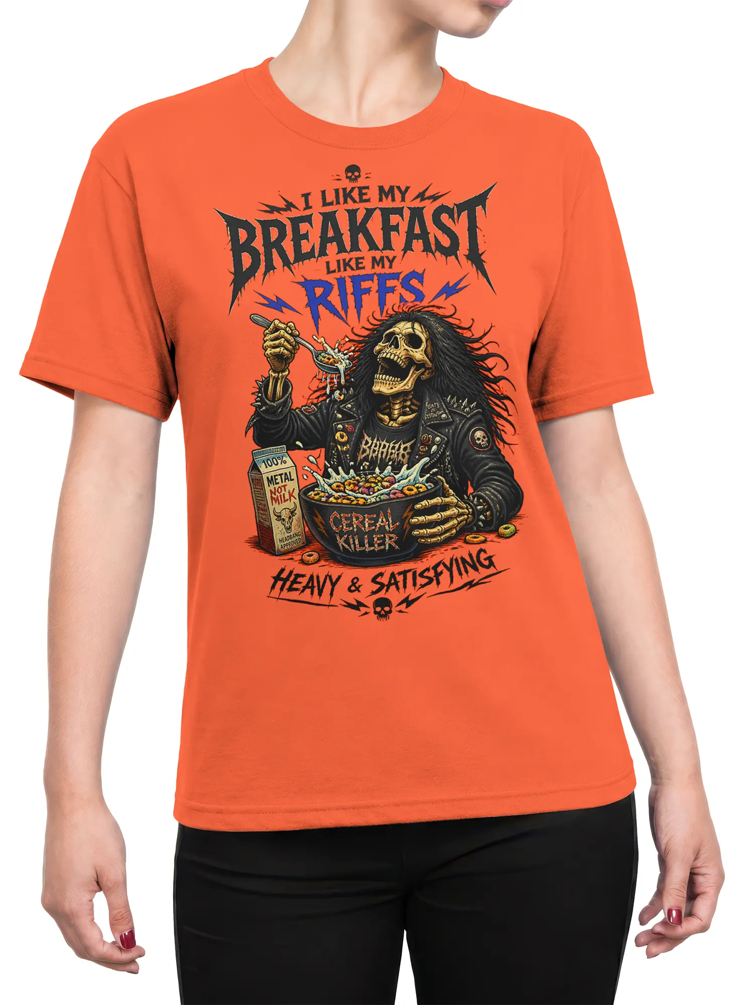 Female torso wearing an orange metal T-shirt with a skeleton cereal breakfast design