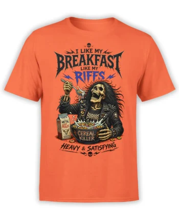 Orange metal T-shirt with a skeleton eating cereal and bold heavy breakfast lettering
