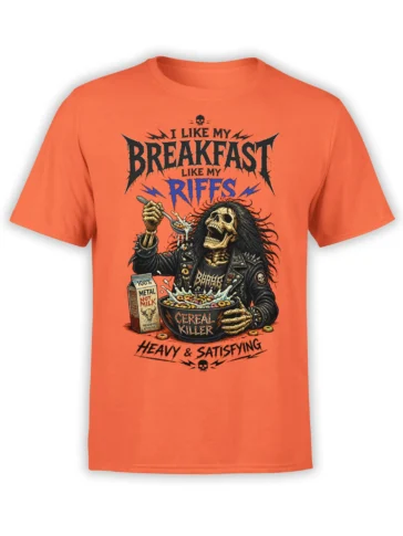 Orange metal T-shirt with a skeleton eating cereal and bold heavy breakfast lettering