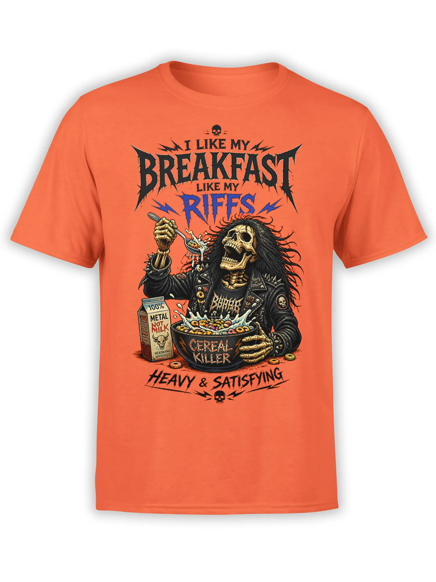 Orange metal T-shirt with a skeleton eating cereal and bold heavy breakfast lettering