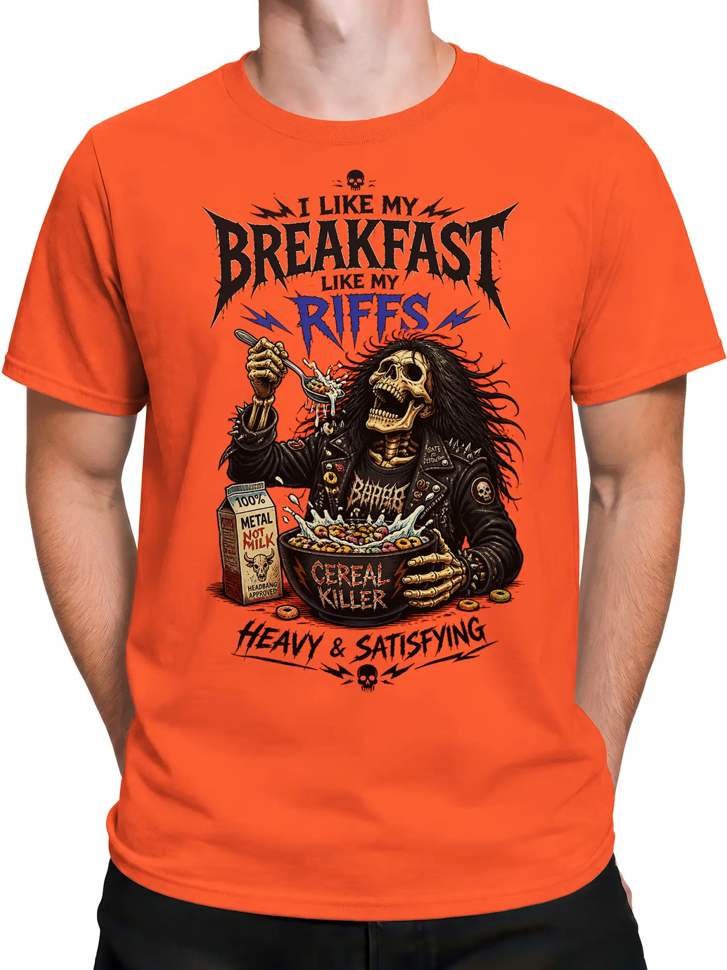 Male torso wearing an orange metal T-shirt with skeleton cereal artwork