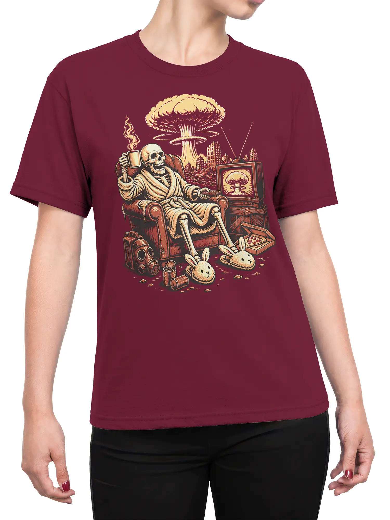 Female torso wearing a burgundy skeleton T-shirt with vintage post-apocalyptic television artwork