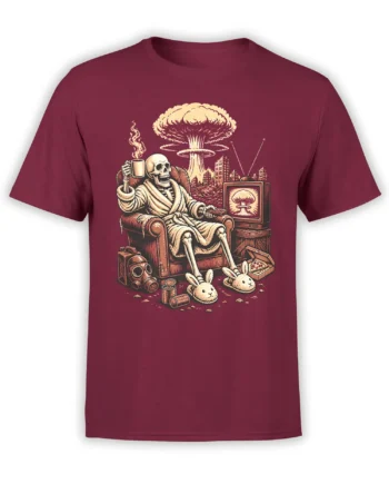 Burgundy skeleton T-shirt with a robed skeleton watching TV beside a mushroom cloud and ruined city