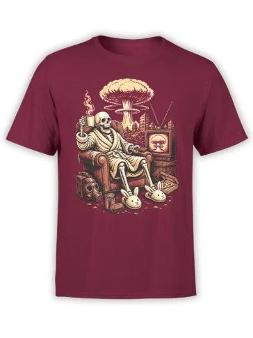Burgundy skeleton T-shirt with a robed skeleton watching TV beside a mushroom cloud and ruined city