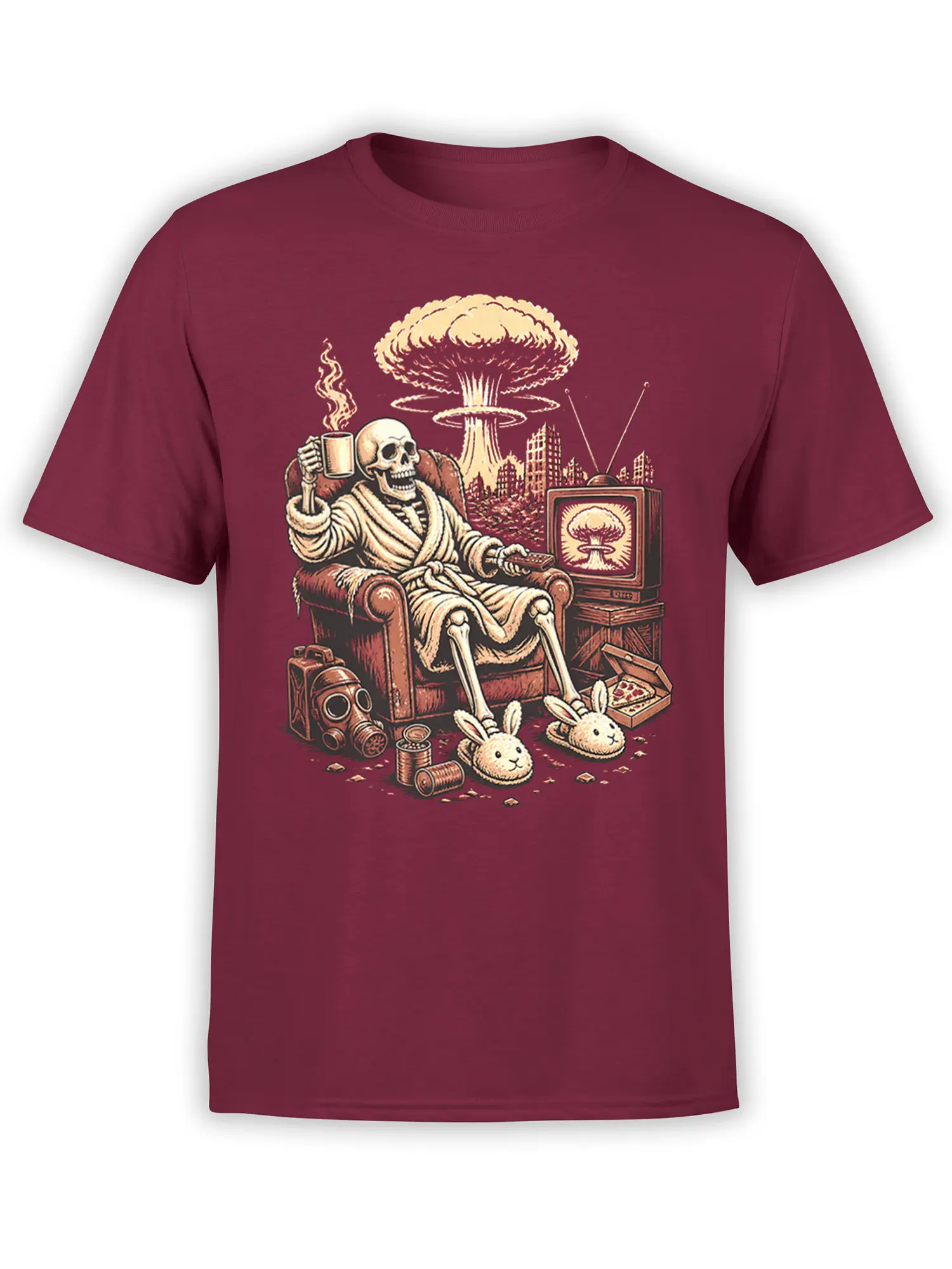 Burgundy skeleton T-shirt with a robed skeleton watching TV beside a mushroom cloud and ruined city