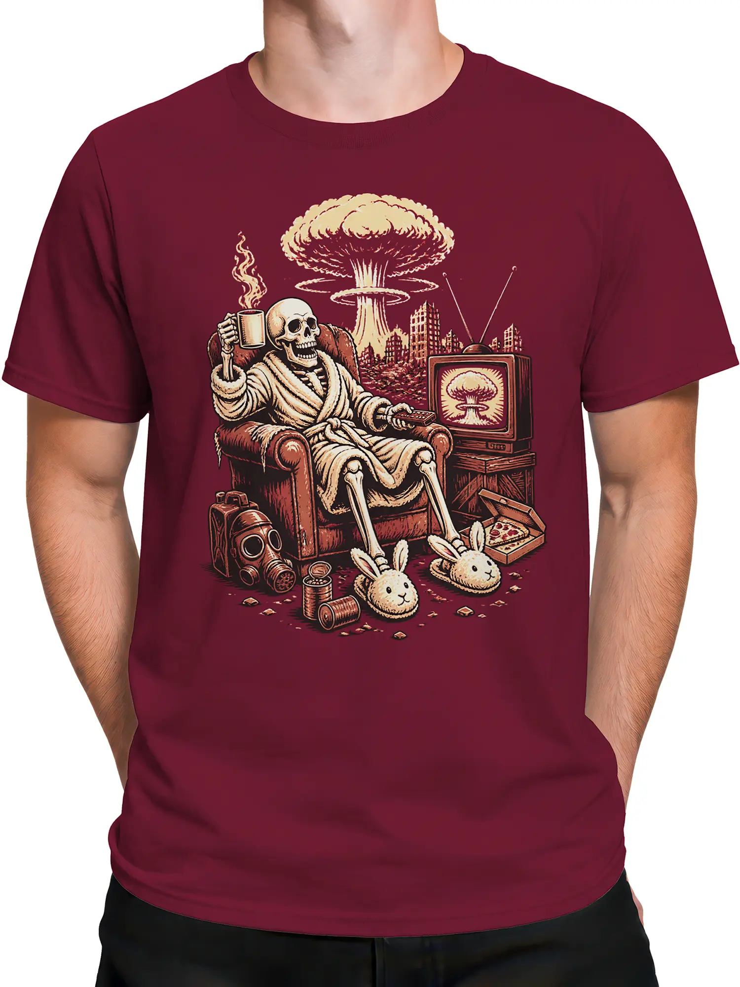 Male torso wearing a burgundy skeleton T-shirt with coffee, TV, pizza, and apocalypse artwork
