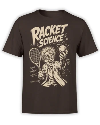 Brown Racket Science tennis T-shirt with scientist, racket, atom, formulas, and victory equation