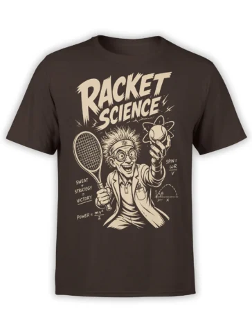Brown Racket Science tennis T-shirt with scientist, racket, atom, formulas, and victory equation