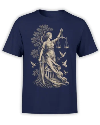 Vintage Lady Justice illustration with scales, sword, doves, and classical columns on a navy T-shirt