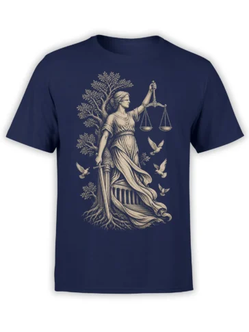 Vintage Lady Justice illustration with scales, sword, doves, and classical columns on a navy T-shirt