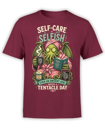 Green winged octopus in a pink robe with self-care text and tentacle day artwork on a burgundy shirt