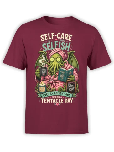 Green winged octopus in a pink robe with self-care text and tentacle day artwork on a burgundy shirt