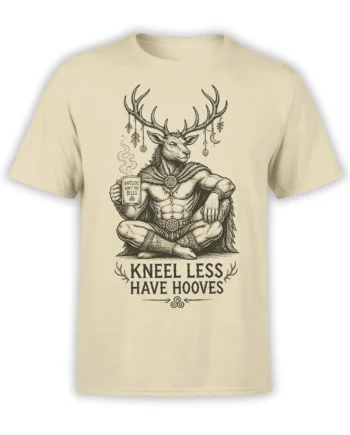 Beige deer t-shirt featuring a meditating antlered warrior, steaming mug, and bold “Kneel Less Have Hooves” text