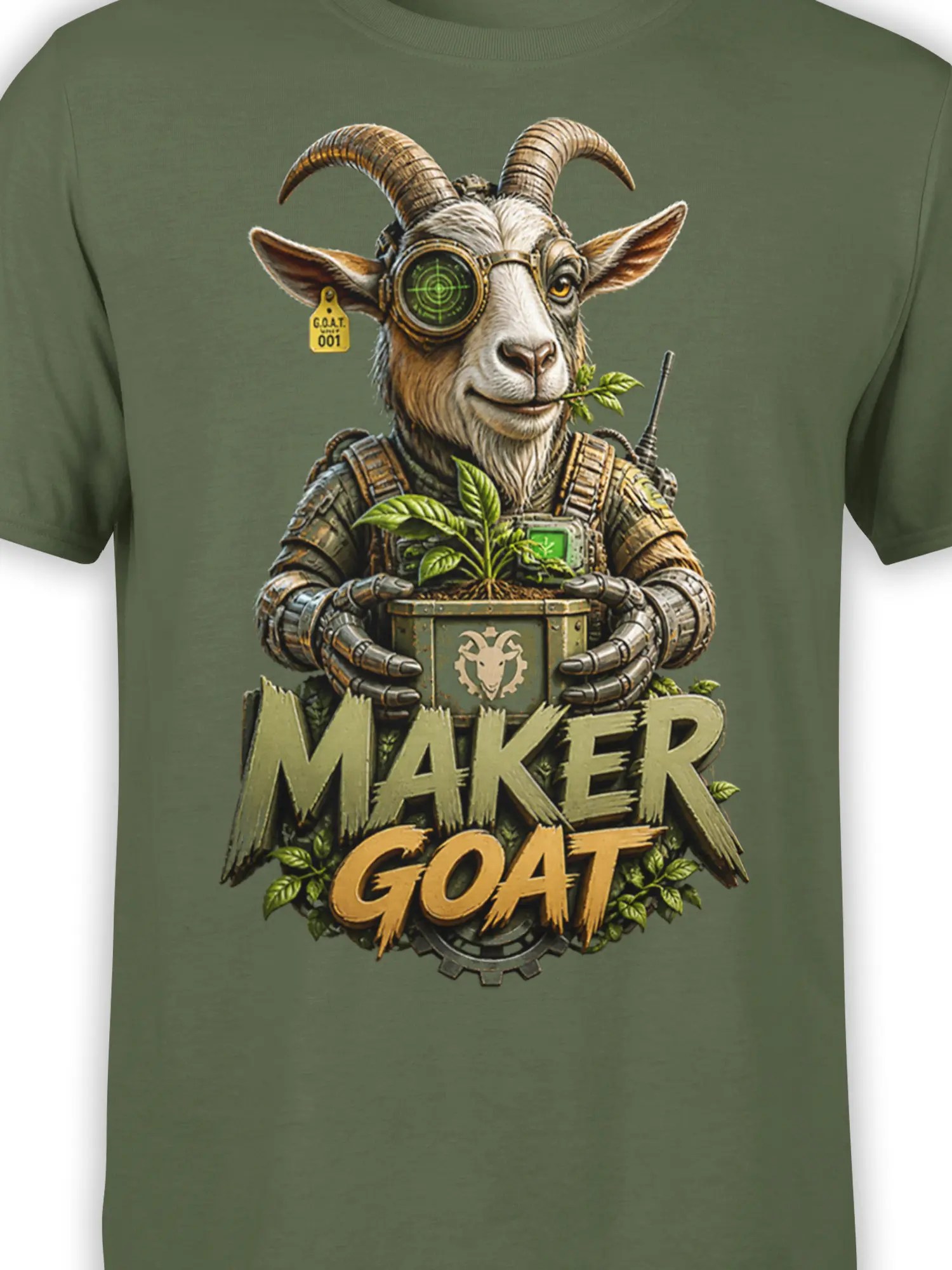 Close-up of tactical goat, mechanical eyepiece, plant, gears, and “MAKER GOAT” print on green fabric
