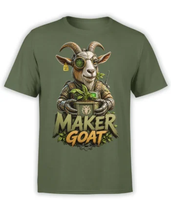 Green T-shirt with a tactical goat holding a plant and bold “MAKER GOAT” artwork