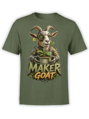 Green T-shirt with a tactical goat holding a plant and bold “MAKER GOAT” artwork