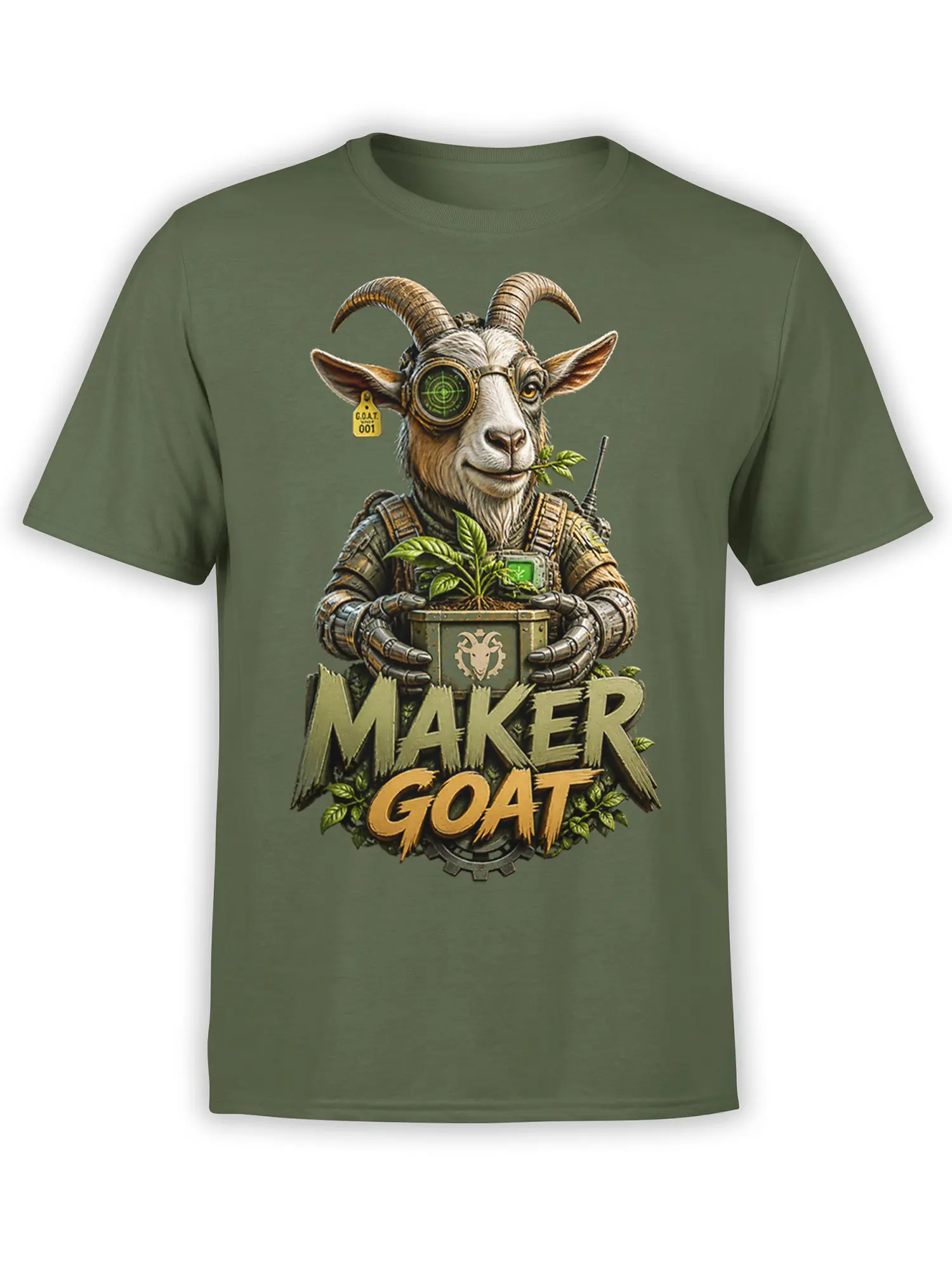 Green T-shirt with a tactical goat holding a plant and bold “MAKER GOAT” artwork