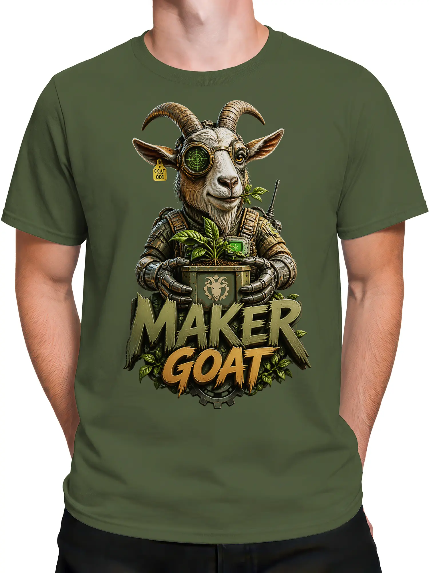 Male torso wearing a green tactical goat shirt with plant, gears, and “MAKER GOAT” artwork