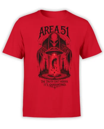 Red alien T-shirt featuring an Area 51 UFO, alien figure, abduction scene, and distressed black lettering