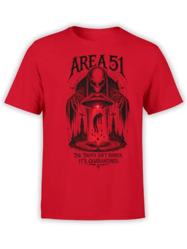 Red alien T-shirt featuring an Area 51 UFO, alien figure, abduction scene, and distressed black lettering