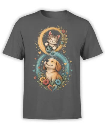 Gray cat and dog t-shirt with a kitten watering a smiling dog among colorful flowers and hearts