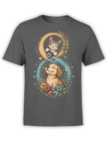 Gray cat and dog t-shirt with a kitten watering a smiling dog among colorful flowers and hearts