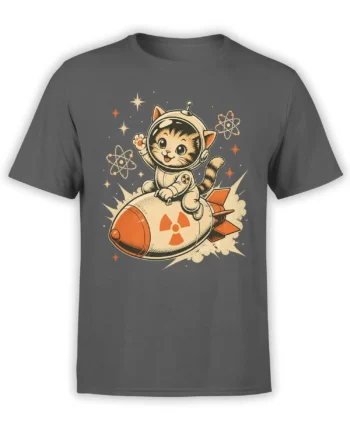 Gray T-shirt with a retro astronaut cat riding a rocket ship among stars and atomic symbols