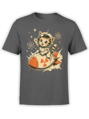 Gray T-shirt with a retro astronaut cat riding a rocket ship among stars and atomic symbols