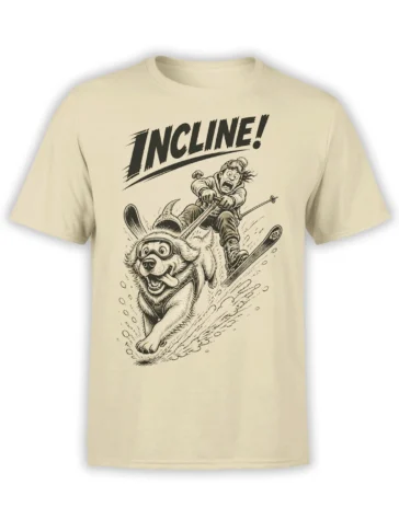 Beige dog skiing T-shirt with a goggle-wearing pup, skier, snow spray, and bold “INCLINE!” lettering