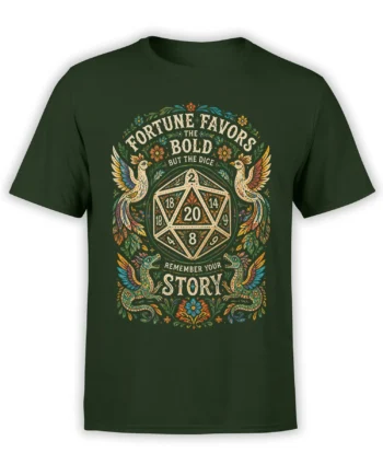 Dark green fantasy T-shirt with ornate d20 artwork, colorful dragons, winged birds, flowers, and bold lettering