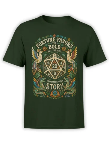 Dark green fantasy T-shirt with ornate d20 artwork, colorful dragons, winged birds, flowers, and bold lettering