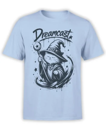 Light blue cat T-shirt with a robed wizard cat, crescent moon staff, stars, and planetary orbit artwork