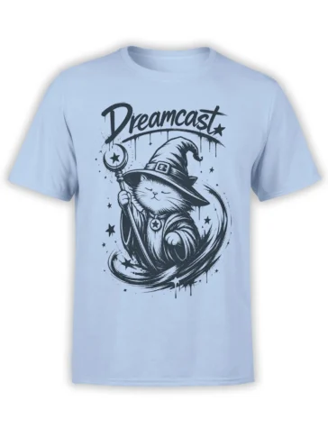 Light blue cat T-shirt with a robed wizard cat, crescent moon staff, stars, and planetary orbit artwork