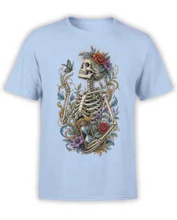 Light blue T-shirt with a floral skeleton, skull, hourglass, butterfly, roses, and ornate botanical artwork