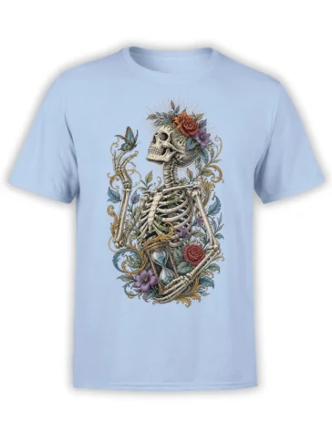 Light blue T-shirt with a floral skeleton, skull, hourglass, butterfly, roses, and ornate botanical artwork