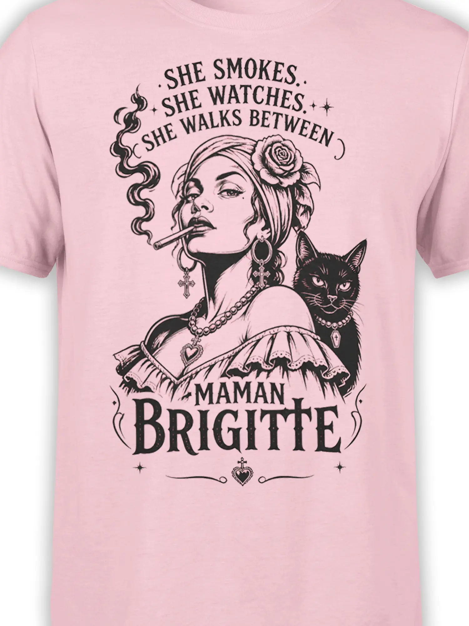 Close-up of Maman Brigitte design with smoky woman, black cat, flower, jewelry, and dark lettering