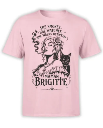 Pink Maman Brigitte gothic t-shirt with a smoky woman, black cat, flower, and vintage lettering