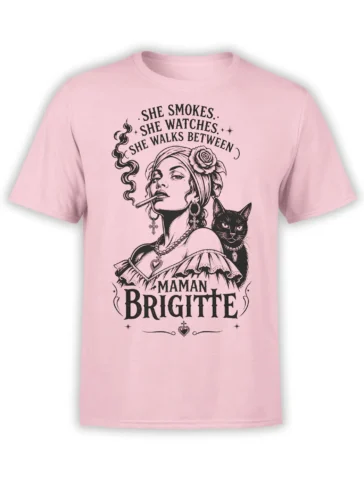 Pink Maman Brigitte gothic t-shirt with a smoky woman, black cat, flower, and vintage lettering