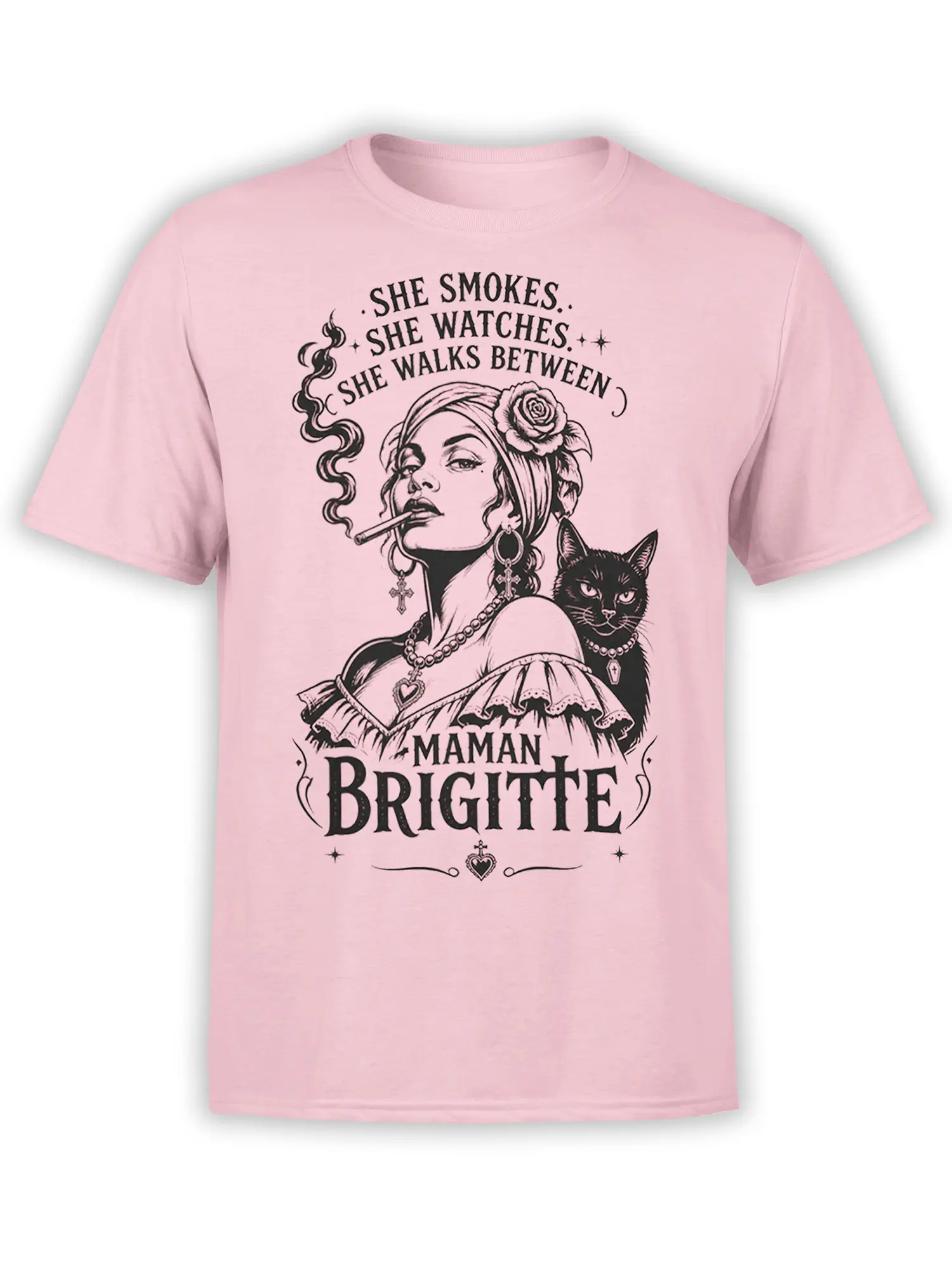 Pink Maman Brigitte gothic t-shirt with a smoky woman, black cat, flower, and vintage lettering