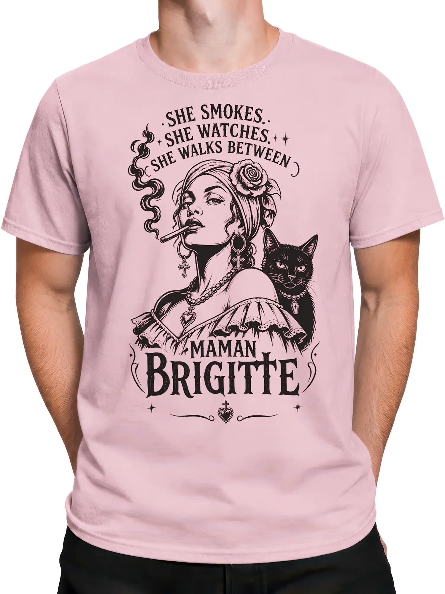 Male torso wearing a pink gothic shirt with Maman Brigitte, a smoky woman, and black cat