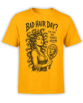 Orange Medusa T-shirt with snake hair, shocked mirror, and “Bad Hair Day?” vintage-style artwork